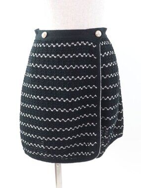 Chanel Trapezoidal Wrap Skirt With Coco Mark Buttons Black White 34